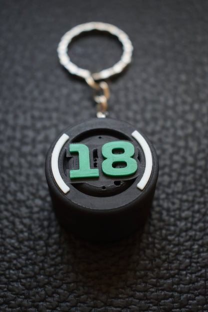 Close up view of the Lance Stroll Keychain. This formula 1 keychain is ideal for a formula 1 fan gift.